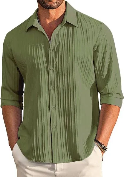 Mens Casual Button Down Long Sleeve Linen Shirt